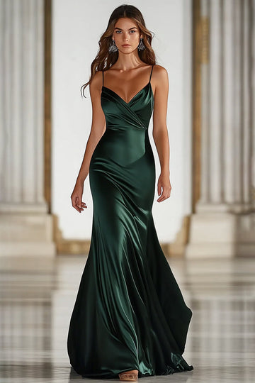 Mörkgröna Spaghetti Straps Mermaid Satin Lång Balklänning